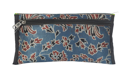 Ajrakh Mashru Silk Leathercraft Hand Made Leather Craft Punch Work Clutch - 10.5 cms Length - SKU : AB26201A
