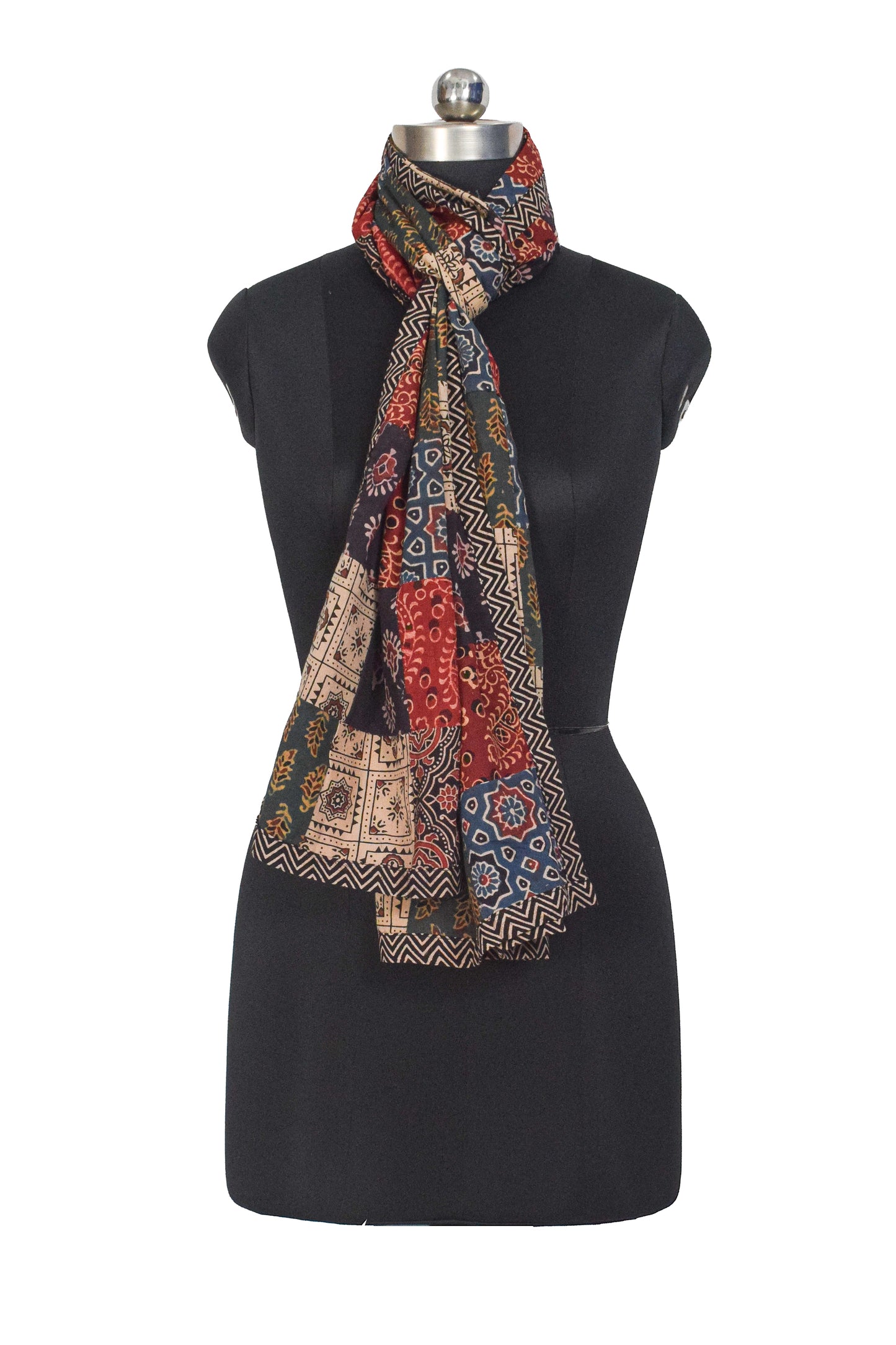 Ajrakh Cotton Natural Dye Applique ( Patches) Work Hand Block Print Stole - 2.1 Mtr Length - SKU : KB25701A