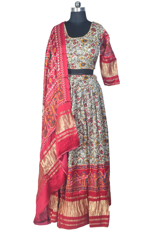 Patola Print Modal Silk Ready To Stitch Chaniya Choli with Golden Border - Free SizeFree Size - SKU : FJ06C01A