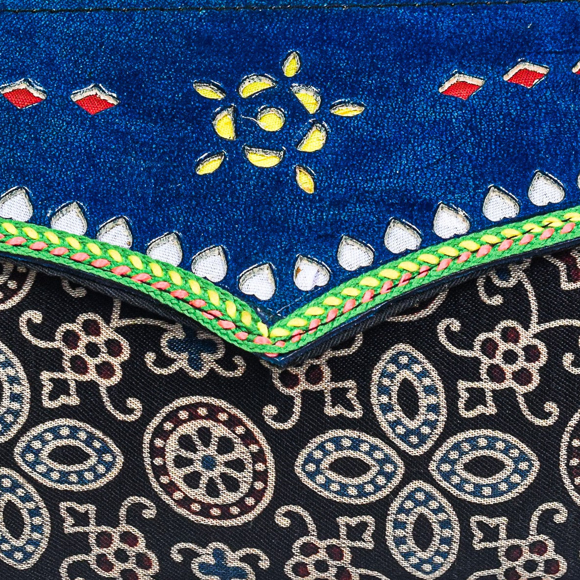 Ajrakh Mashru Silk Leathercraft Hand Made Leather Craft Punch Work Clutch - 10.5 cms Length - SKU : AB19401H