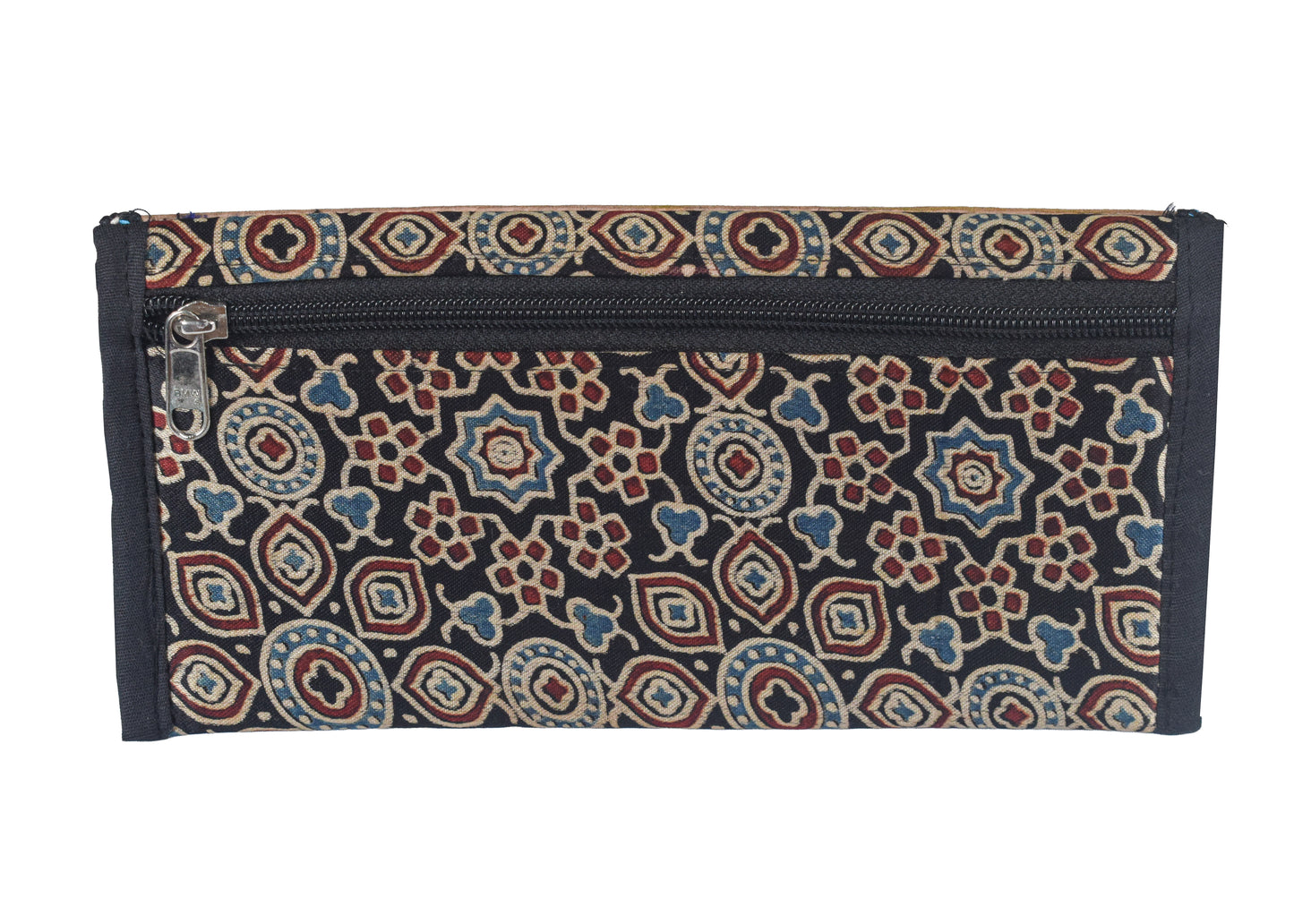 Ajrakh Mashru Silk Leathercraft Hand Made Leather Craft Punch Work Clutch - 10.5 cms Length - SKU : AB04801N
