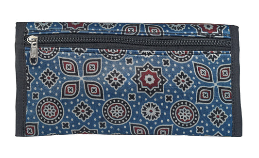 Ajrakh Mashru Silk Leathercraft Hand Made Leather Craft Punch Work Clutch - 10.5 cms Length - SKU : AB19401G