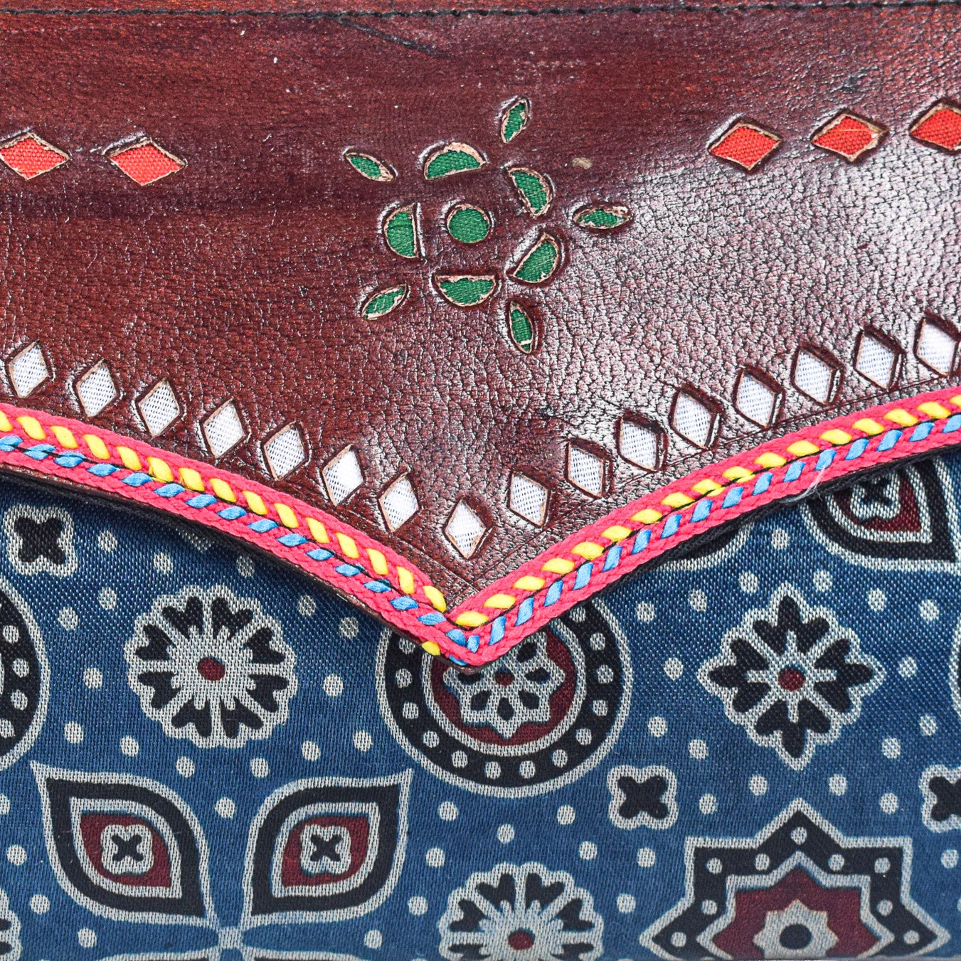 Ajrakh Mashru Silk Leathercraft Hand Made Leather Craft Punch Work Clutch - 10.5 cms Length - SKU : AB19401G
