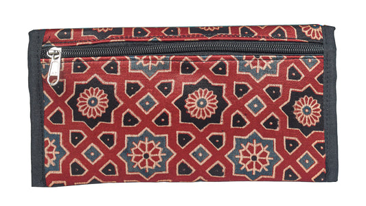 Ajrakh Mashru Silk Leathercraft Hand Made Leather Craft Punch Work Clutch - 10.5 cms Length - SKU : AB19401E