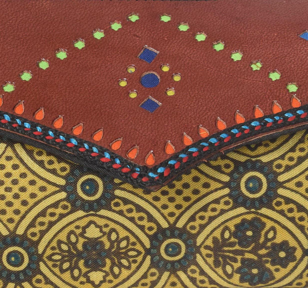 Ajrakh Mashru Silk Leathercraft Hand Made Leather Craft Punch Work Clutch - 10.5 cms Length - SKU : AB26201D