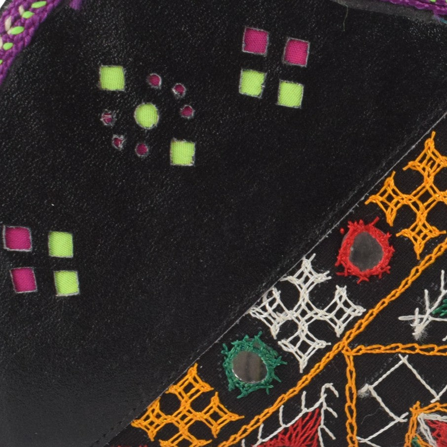 Leather Craft Punch Work Pure Leather Hand Embroidered Bavalia Work Clutch Mirror Work - 25 cms Length - SKU : AB02C01B