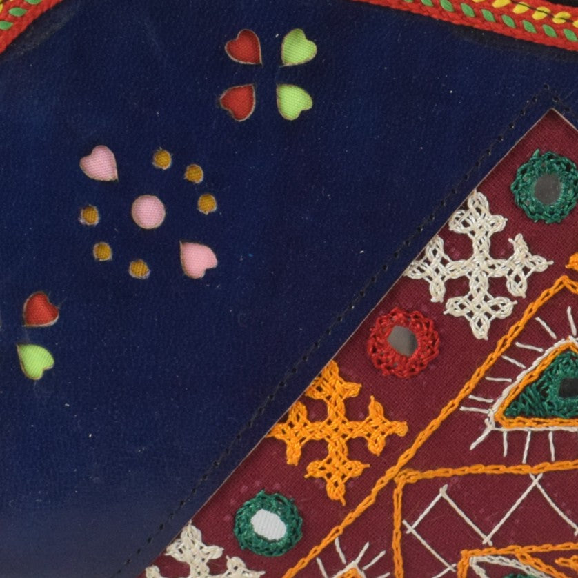 Leather Craft Punch Work Pure Leather Hand Embroidered Bavalia Work Clutch Mirror Work - 25 cms Length - SKU : AB02C01H