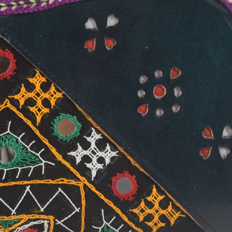 Leather Craft Punch Work Pure Leather Hand Embroidered Bavalia Work Clutch Mirror Work - 25 cms Length - SKU : AB02C01D