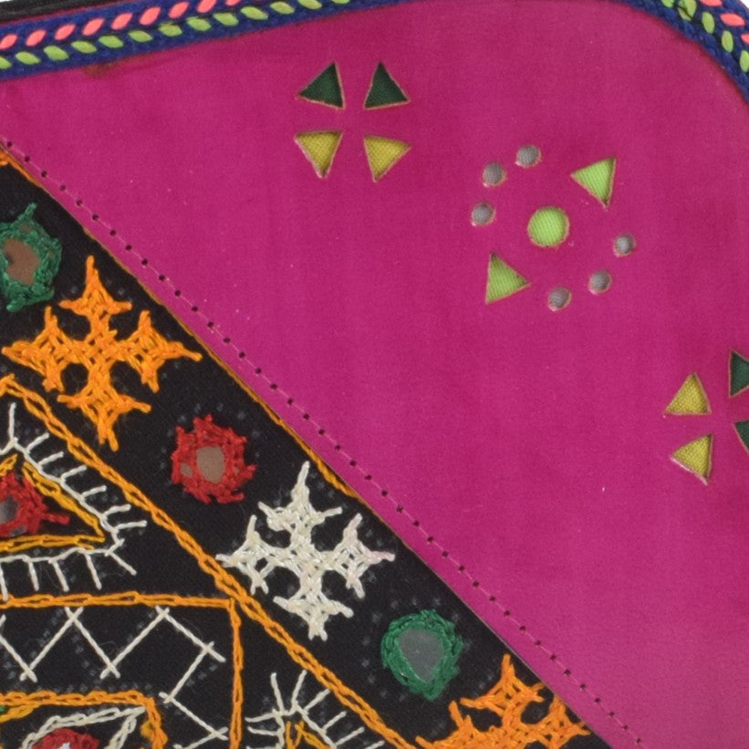 Leather Craft Punch Work Pure Leather Hand Embroidered Bavalia Work Clutch Mirror Work - 25 cms Length - SKU : AB02C01G