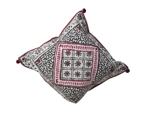 Bela Print Cotton Small Mirror Work Hand Block Print Cushion Cover - 43 cms Length - SKU : KU28C03B
