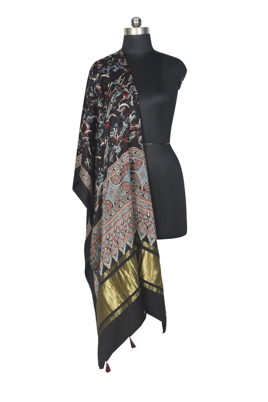 Ajrakh Modal Silk Natural Dye Hand Block Print Dupatta with Golden Border - 2.5 Mtr Length - SKU : AI21B01Q