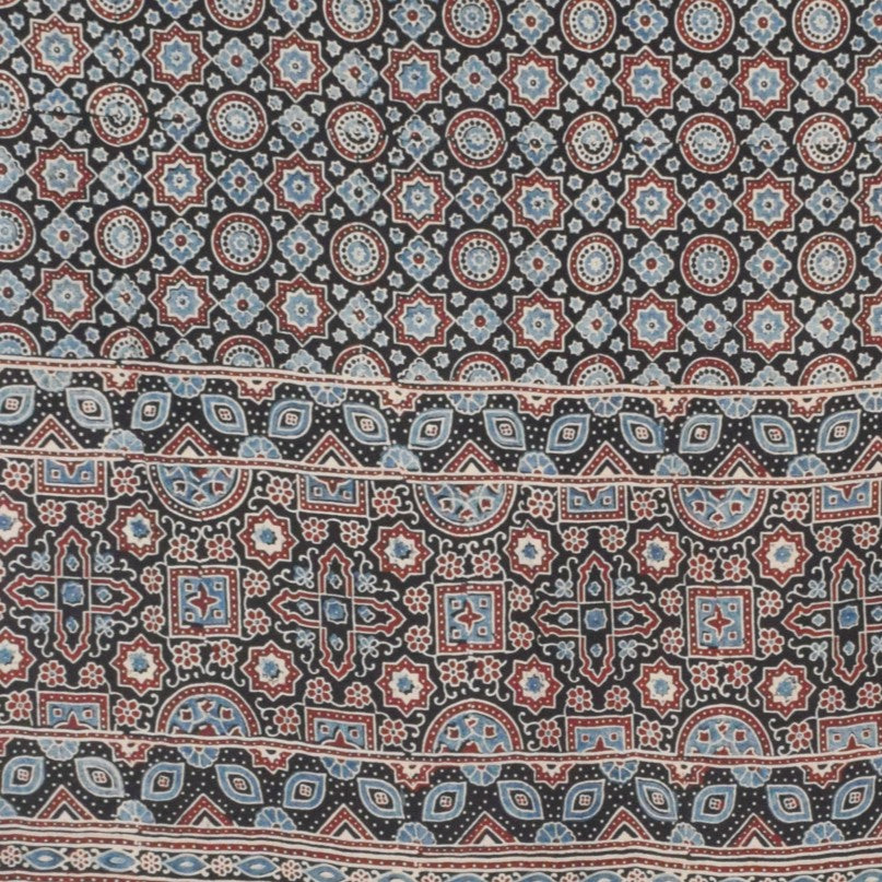 Ajrakh Modal Silk Natural Dye Hand Block Print Dupatta with Golden Border - 2.5 Mtr Length - SKU : AI21B01R