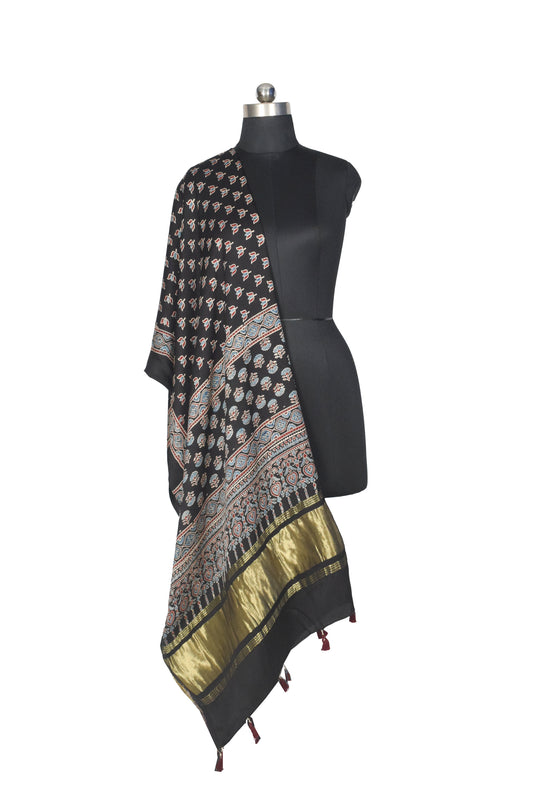 Ajrakh Modal Silk Natural Dye Hand Block Print Dupatta with Golden Border - 2.5 Mtr Length - SKU : AI21B01S