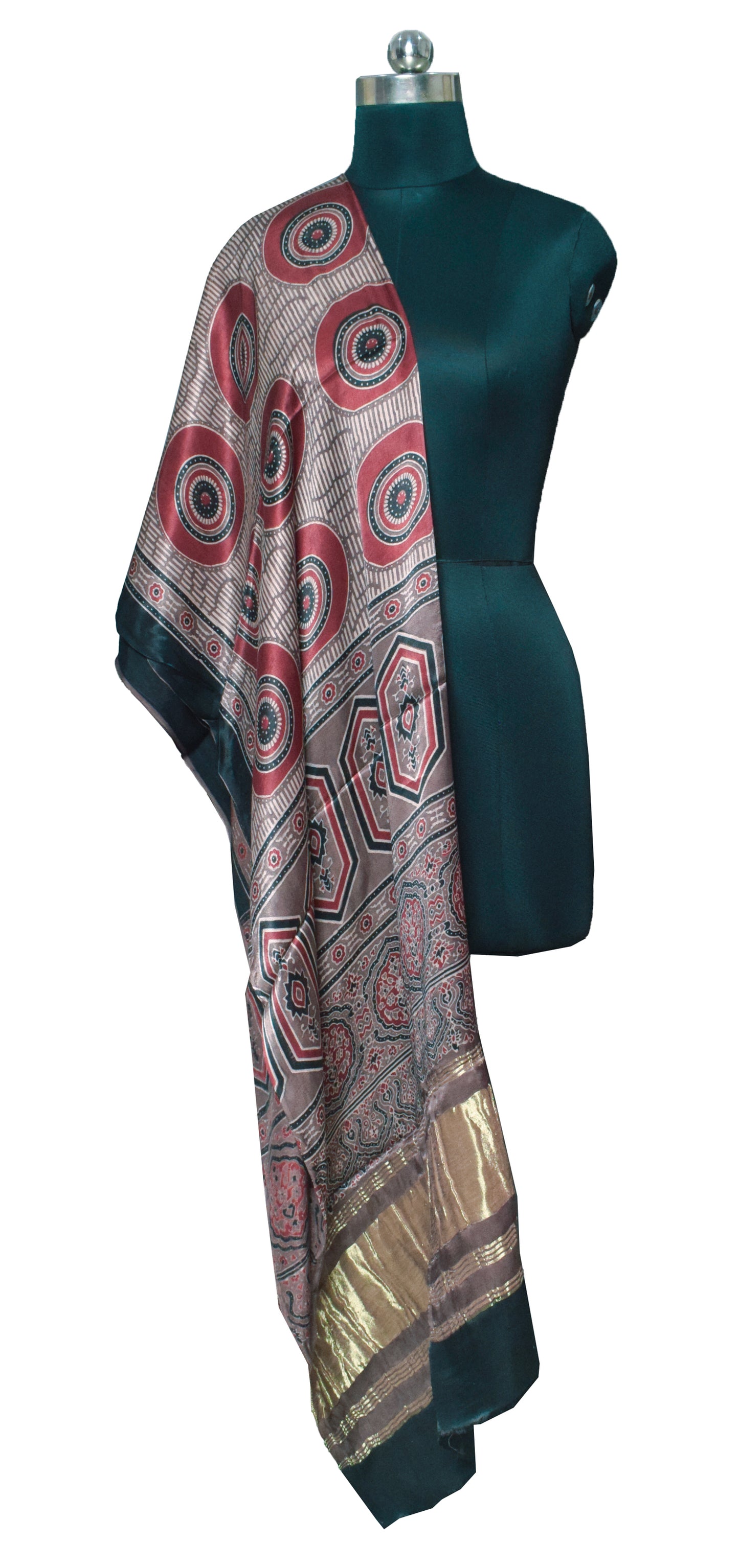 Ajrakh Modal Silk Natural Dye Hand Block Print Dupatta   with Golden Border  - 2.5 Mtr Length    -  SKU : ID16203D