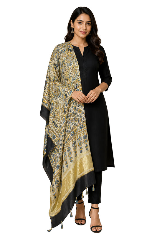 Ajrakh Modal Silk Natural Dye Hand Block Print Dupatta with Golden Border - 2.5 Mtr Length - SKU : AI21B01M