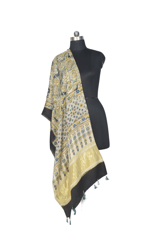 Ajrakh Modal Silk Natural Dye Hand Block Print Dupatta with Golden Border - 2.5 Mtr Length - SKU : AI21B01M