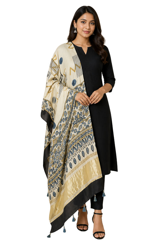 Ajrakh Modal Silk Natural Dye Hand Block Print Dupatta with Golden Border - 2.5 Mtr Length - SKU : AI21B01O
