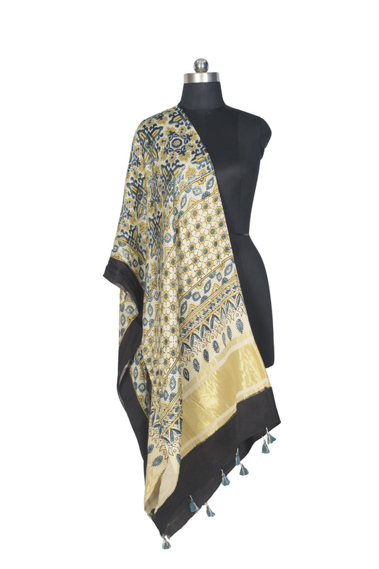 Ajrakh Modal Silk Natural Dye Hand Block Print Dupatta with Golden Border - 2.5 Mtr Length - SKU : AI21B01P