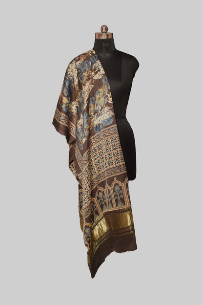 Ajrakh Modal Silk Natural Dye Hand Block Print Dupatta  with Golden Border - 2.5 Mtr Length    -  SKU : MS16301C
