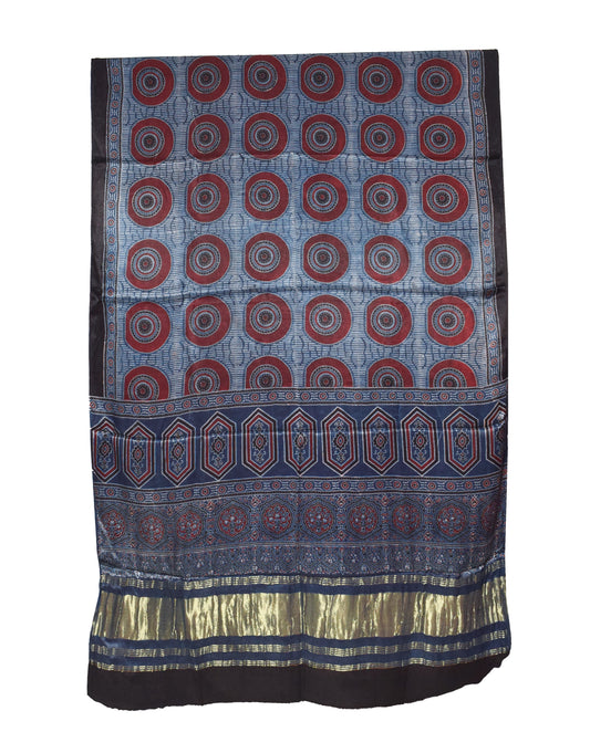 Ajrakh Modal Silk Natural Dye Hand Block Print Dupatta   with Golden Border  - 2.5 Mtr Length    -  SKU : ID16203B