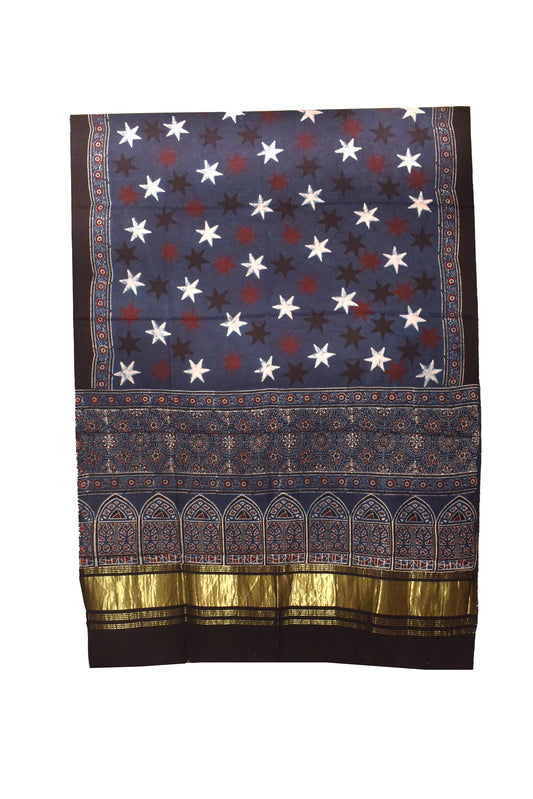 Ajrakh Modal Silk Natural Dye Hand Block Print Dupatta  with Golden Border - 2.5 Mtr Length    -  SKU : MS16301D