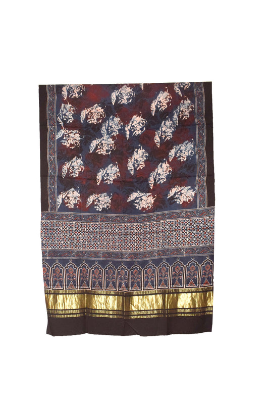 Ajrakh Modal Silk Natural Dye Hand Block Print Dupatta  with Golden Border - 2.5 Mtr Length    -  SKU : MS16301O