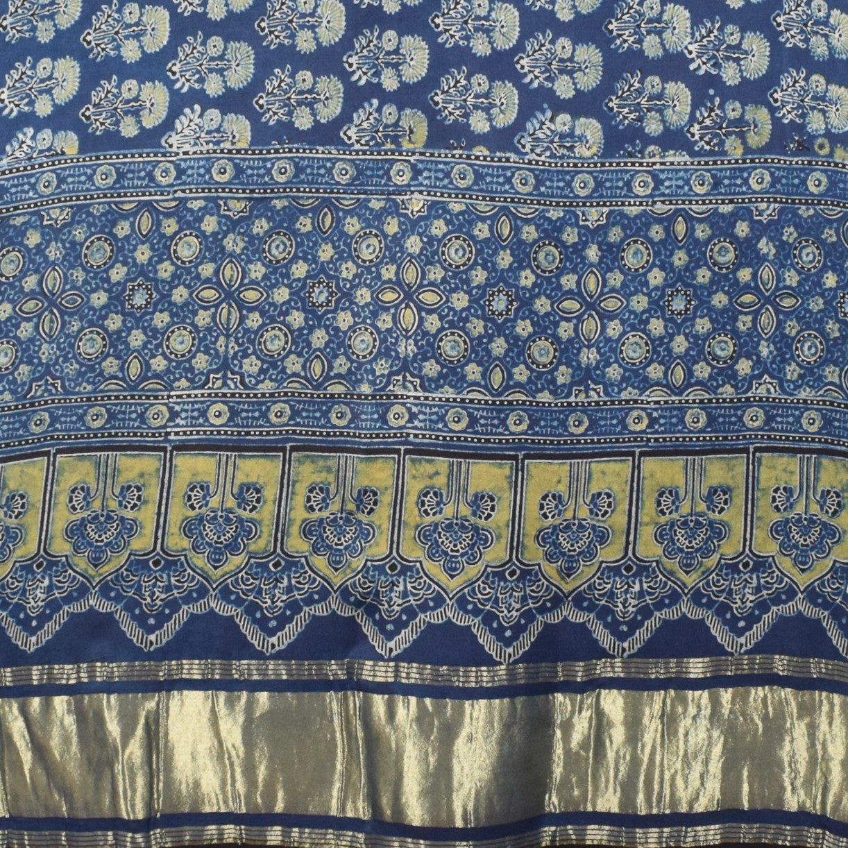 Ajrakh Modal Silk Natural Dye Hand Block Print Dupatta with Golden Border - 2.5 Mtr Length - SKU : AI21B01T