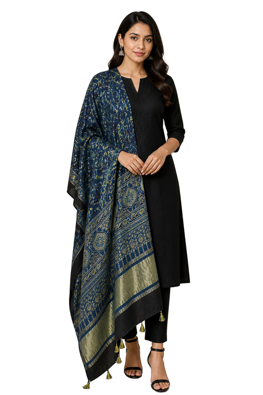 Ajrakh Modal Silk Natural Dye Hand Block Print Dupatta with Golden Border - 2.5 Mtr Length - SKU : AI21B01U