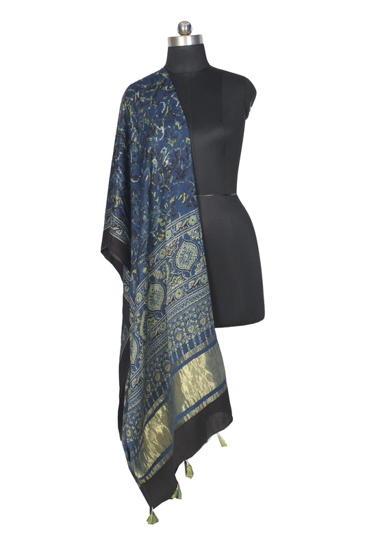 Ajrakh Modal Silk Natural Dye Hand Block Print Dupatta with Golden Border - 2.5 Mtr Length - SKU : AI21B01U