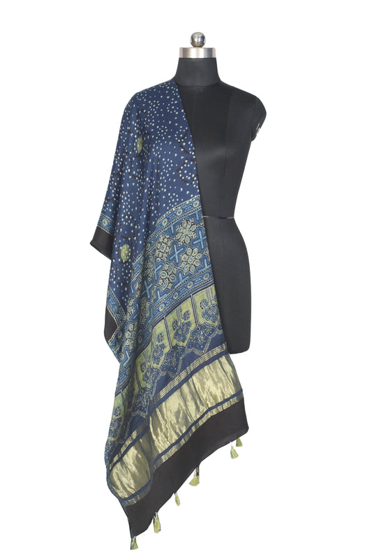 Ajrakh Modal Silk Natural Dye Hand Block Print Dupatta with Golden Border - 2.5 Mtr Length - SKU : AI21B01V