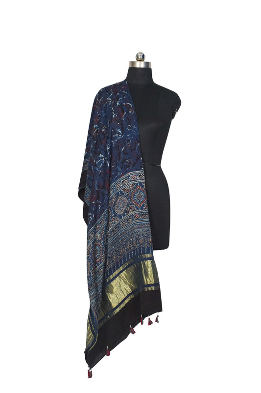 Ajrakh Modal Silk Natural Dye Hand Block Print Dupatta with Golden Border - 2.5 Mtr Length - SKU : AI21B01I