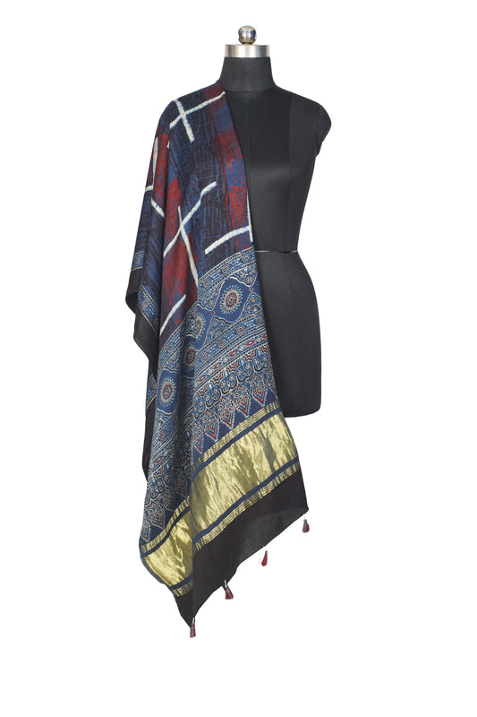 Ajrakh Modal Silk Natural Dye Hand Block Print Dupatta with Golden Border - 2.5 Mtr Length - SKU : AI21B01J