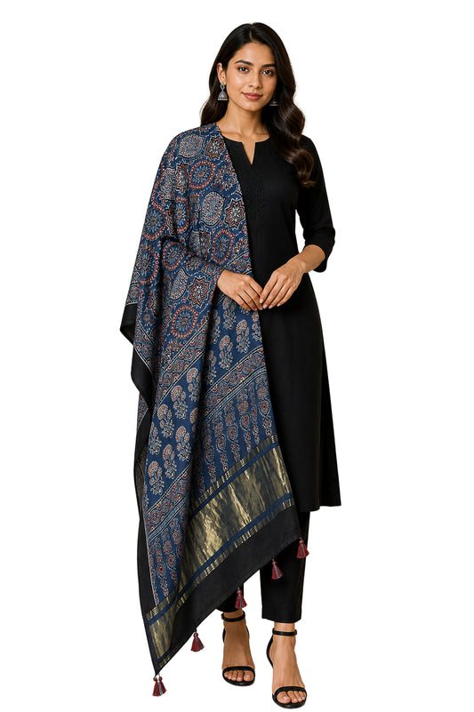 Ajrakh Modal Silk Natural Dye Hand Block Print Dupatta with Golden Border - 2.5 Mtr Length - SKU : AI21B01K