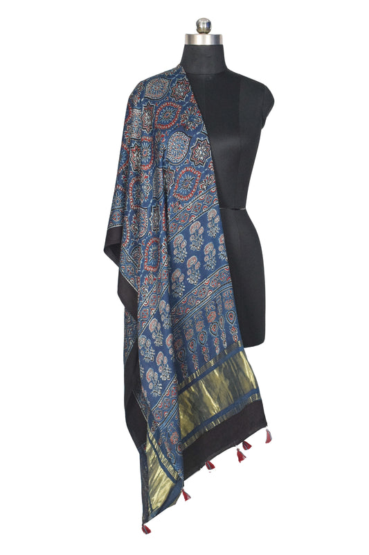 Ajrakh Modal Silk Natural Dye Hand Block Print Dupatta with Golden Border - 2.5 Mtr Length - SKU : AI21B01K
