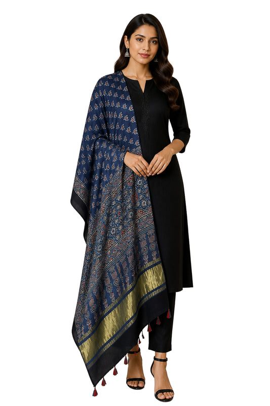 Ajrakh Modal Silk Natural Dye Hand Block Print Dupatta with Golden Border - 2.5 Mtr Length - SKU : AI21B01L