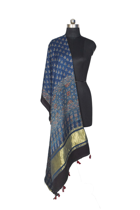 Ajrakh Modal Silk Natural Dye Hand Block Print Dupatta with Golden Border - 2.5 Mtr Length - SKU : AI21B01L