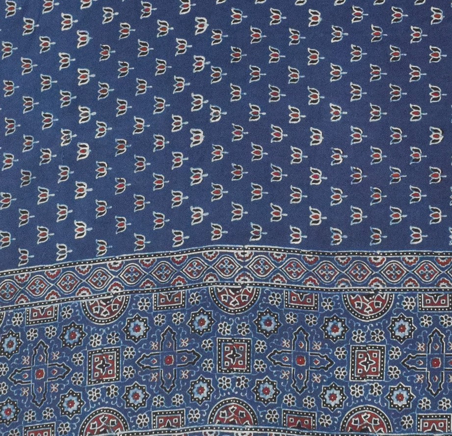 Ajrakh Modal Silk Natural Dye Hand Block Print Dupatta with Golden Border - 2.5 Mtr Length - SKU : AI21B01L