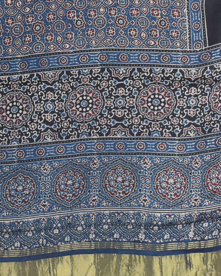 Ajrakh Modal Silk Natural Dye Hand Block Print Dupatta with Golden Border - 2.5 Mtr Length - SKU : AI21B01W
