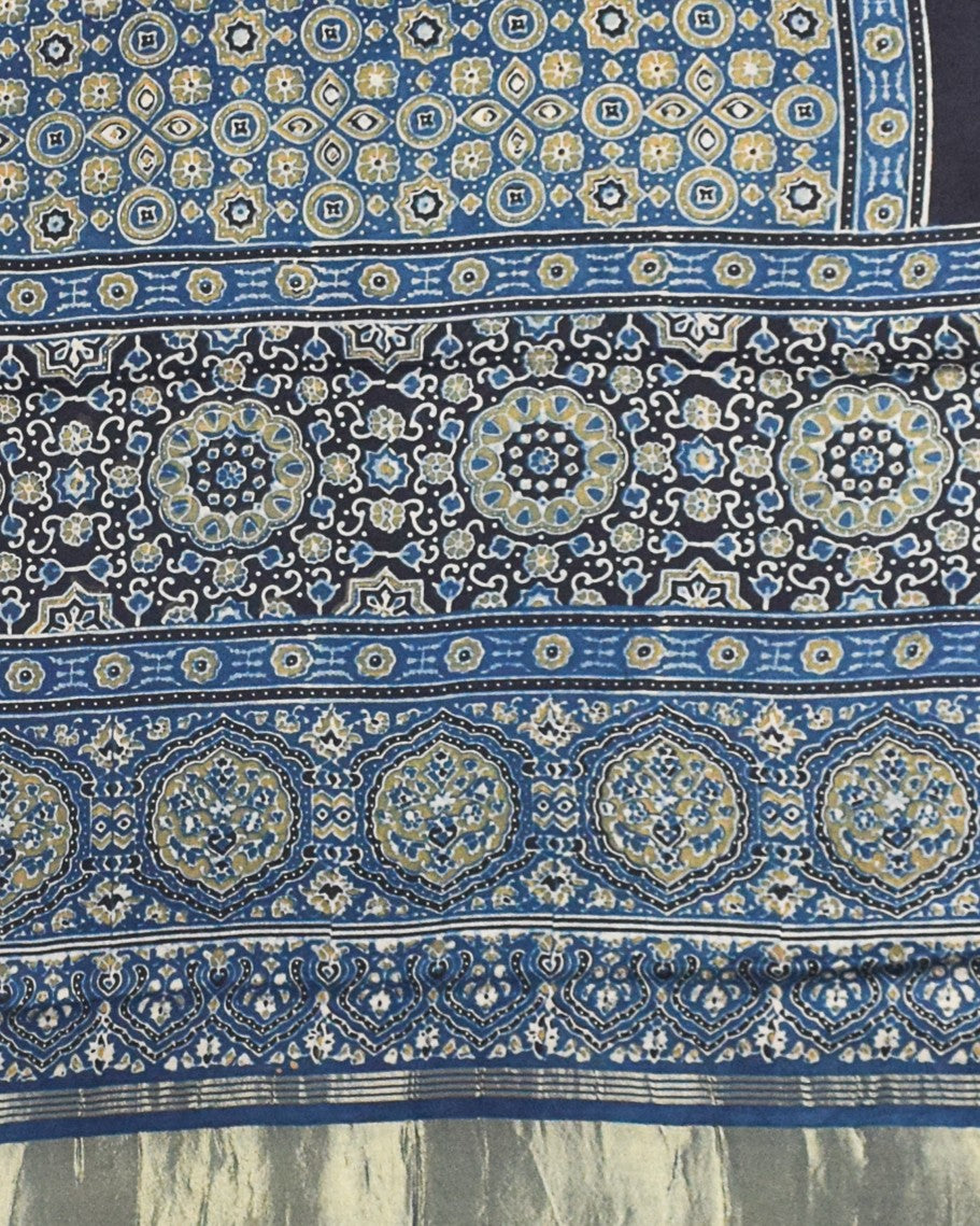 Ajrakh Modal Silk Natural Dye Hand Block Print Dupatta with Golden Border - 2.5 Mtr Length - SKU : AI21B01P