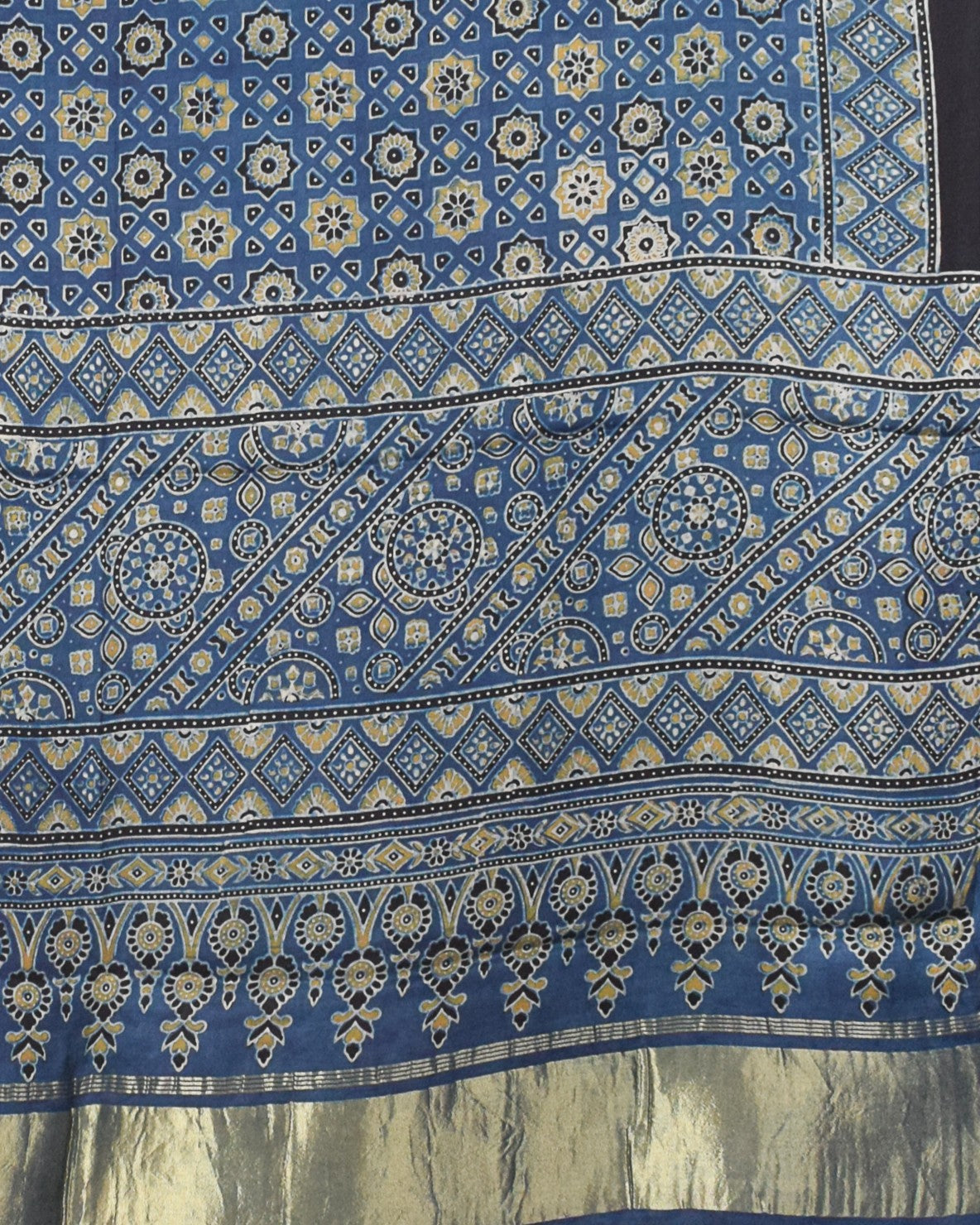 Ajrakh Modal Silk Natural Dye Hand Block Print Dupatta with Golden Border - 2.5 Mtr Length - SKU : AI21B01U