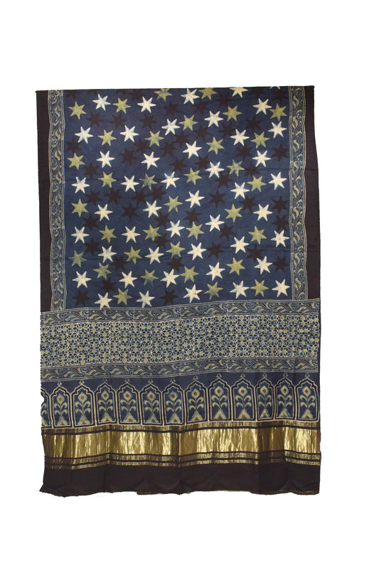 Ajrakh Modal Silk Natural Dye Hand Block Print Dupatta  with Golden Border - 2.5 Mtr Length    -  SKU : MS16301H