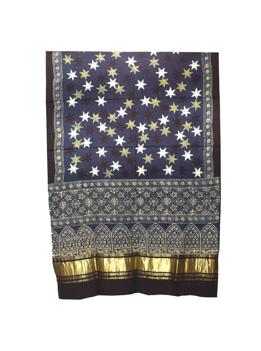 Ajrakh Modal Silk Natural Dye Hand Block Print Dupatta  with Golden Border - 2.5 Mtr Length    -  SKU : MS16301N