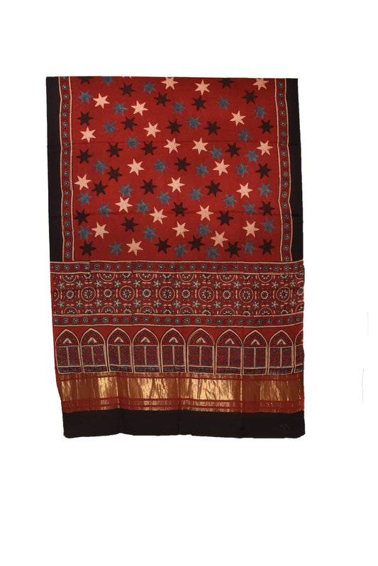 Ajrakh Modal Silk Natural Dye Hand Block Print Dupatta  with Golden Border - 2.5 Mtr Length    -  SKU : MS16301L