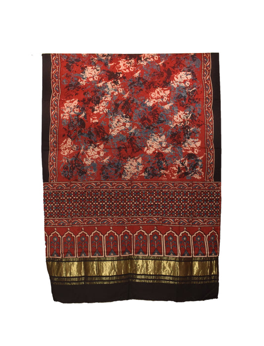 Ajrakh Modal Silk Natural Dye Hand Block Print Dupatta  with Golden Border - 2.5 Mtr Length    -  SKU : MS16301R