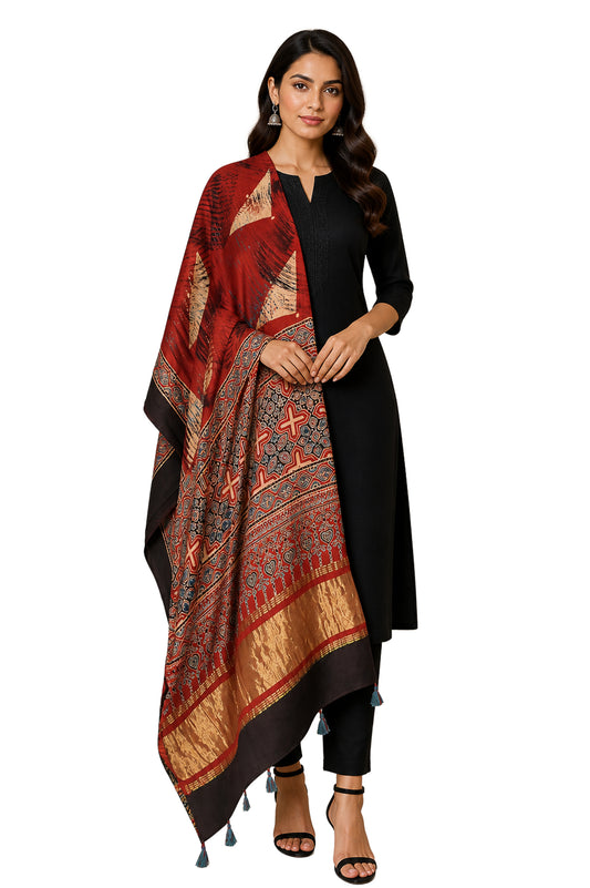 Ajrakh Modal Silk Natural Dye Hand Block Print Dupatta with Golden Border - 2.5 Mtr Length - SKU : AI21B01F