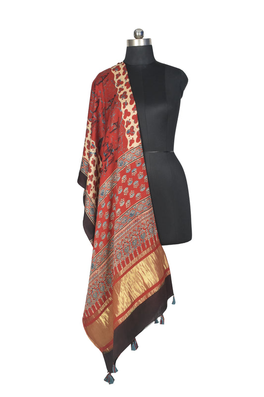 Ajrakh Modal Silk Natural Dye Hand Block Print Dupatta with Golden Border - 2.5 Mtr Length - SKU : AI21B01G