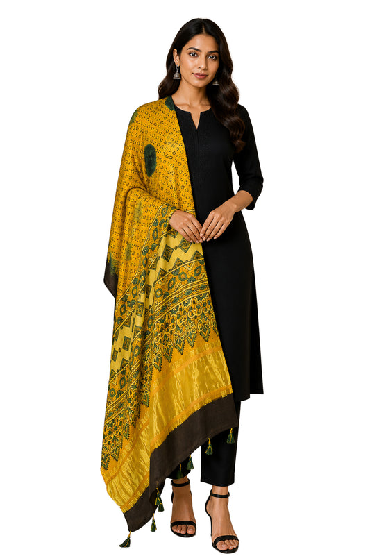 Ajrakh Modal Silk Natural Dye Hand Block Print Dupatta with Golden Border - 2.5 Mtr Length - SKU : AI21B01A