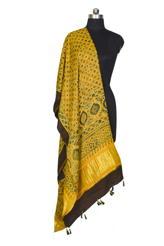 Ajrakh Modal Silk Natural Dye Hand Block Print Dupatta with Golden Border - 2.5 Mtr Length - SKU : AI21B01B