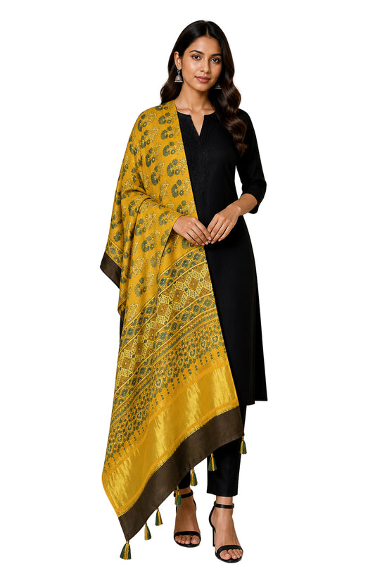 Ajrakh Modal Silk Natural Dye Hand Block Print Dupatta with Golden Border - 2.5 Mtr Length - SKU : AI21B01C