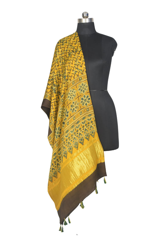 Ajrakh Modal Silk Natural Dye Hand Block Print Dupatta with Golden Border - 2.5 Mtr Length - SKU : AI21B01D